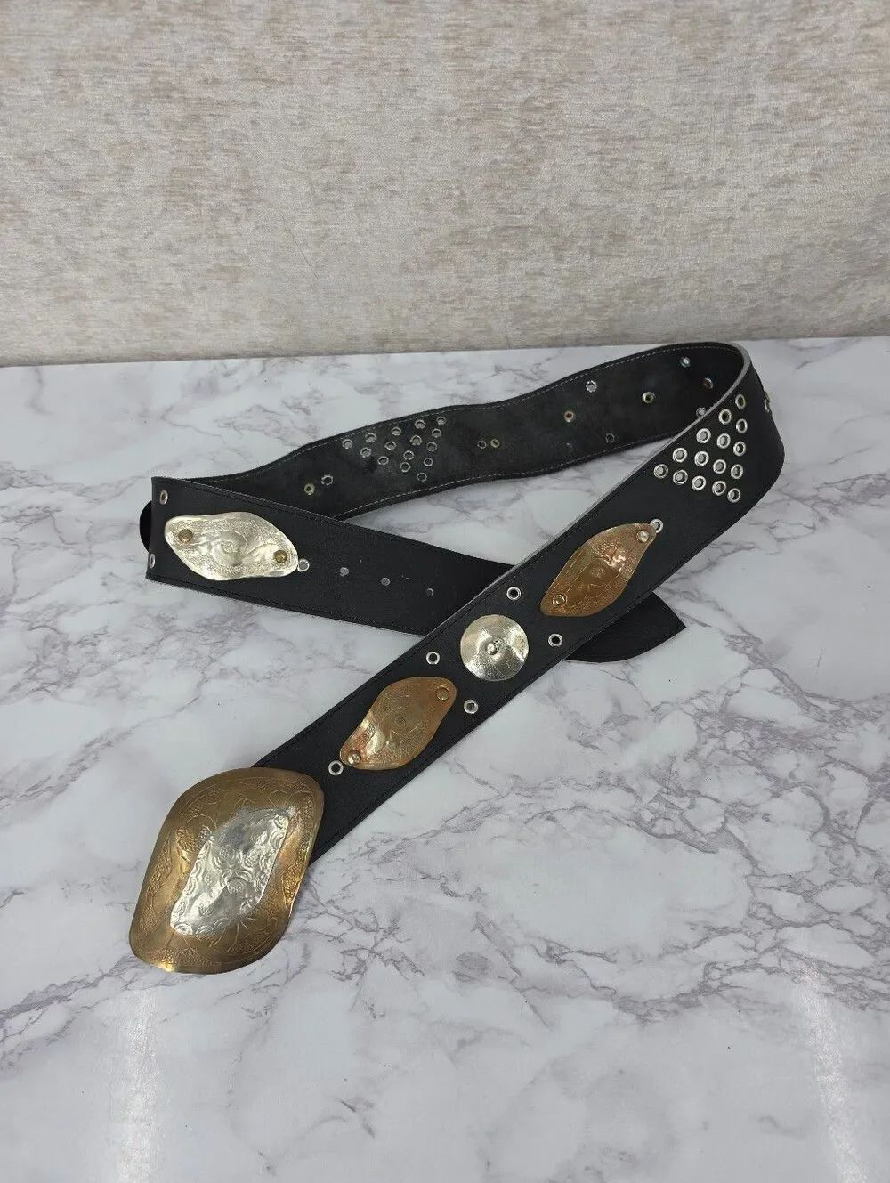 Vintage Moroccan Black Leather Studded Belt with Mixed Hammeres Metal Conchos